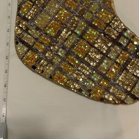 VINTAGE Christmas Stocking in Gold Satin with Sequins and Beads Exc.Condition - Picture 5 of 6